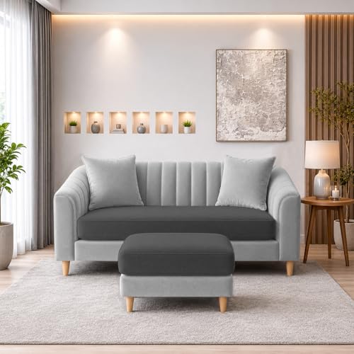 Image of Doraldo 2 Seater Sofa Set with Ottoman for Living Room (Black Grey) Premium Fabric Sofa