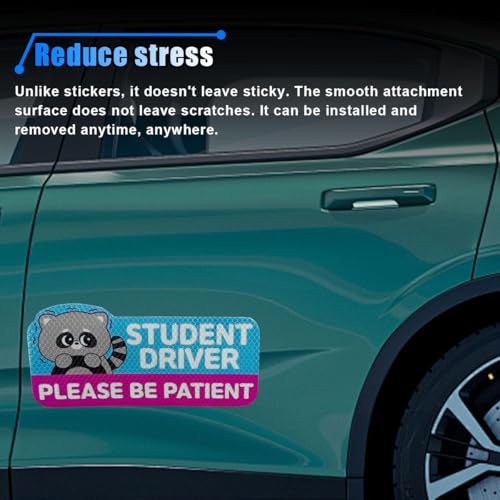 Image of Student Driver Car Magnet, Please Be Patient Reflective Magnetic Sticker, Removable New Driver Magnet Car Bumper Sticker, Cute Cartoon Pattern Safety Warning Sign for New Drivers (Raccoon)