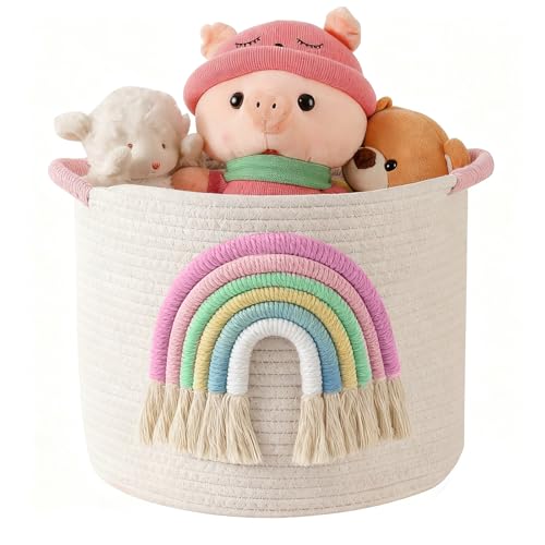 Spielzeug-Aufbewahrungskörbe gewebtes Baumwollseil Aufbewahrungskorb mit 3D-Regenbogen-Dekor für Kinder multifunktionale Deckenkörbe für Wohnzimmer Spielzeug Organizer mit Griff für Geschenke