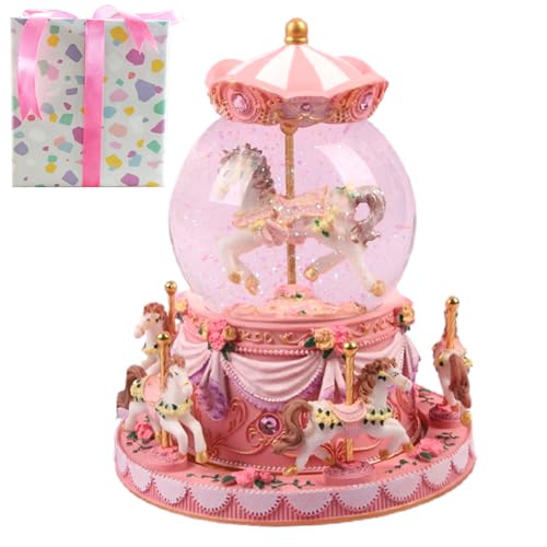 MEPHILIA Gift Wrapped Carousel Music Box Rotating Snow Globe Light-Up Pink Unicorn Design, Decorative Merry-go-Round Musical Box with Gift Packagings Christmas Birthday Gifts You are My Sunshine