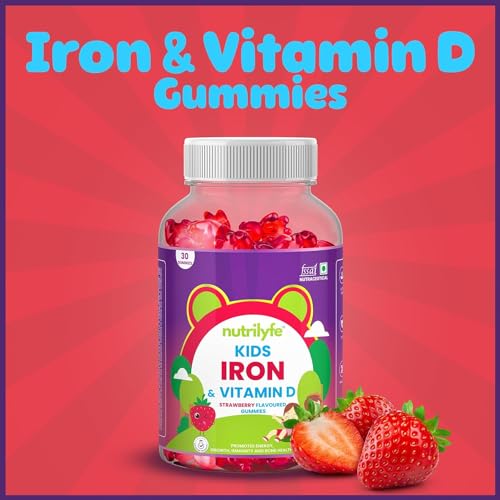 Nutrilyfe Iron & Vitamin D Gummies | Strawberry Flavoured Multivitamin Gummy for Kids | Promotes Energy,Growth,Immunity & Bone Health | Improves Haemoglobin | 60 Bear-Shaped Chewable Gummies