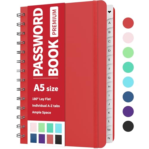 Forvencer Password Book with Individual Alphabetical Tabs, 5.3'x7.6' Medium Size Password Notebook, Spiral Password Keeper Book for Senior, Cute Password Manager Logbook for Home Office, Red