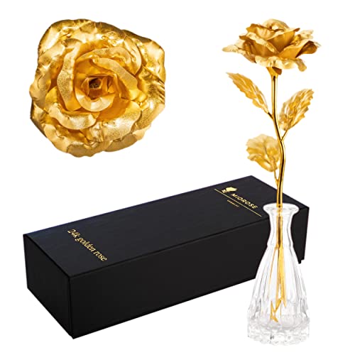miomido Gold Dipped Rose Golden 24k Gold Forever Eternal Rose Genuine One of a Kind Eternity Rose (L: Black Box + Vase)
