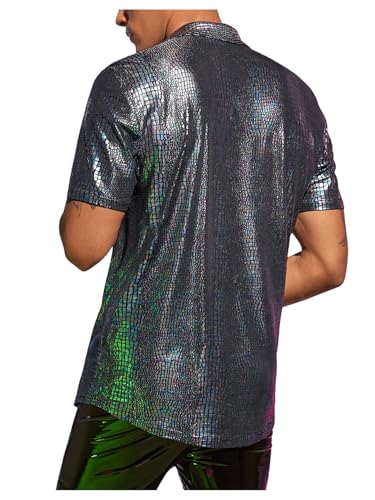 WDIRARA Men's 70s Sparkly Disco Top Crocodile Pattern Metallic Rave Button Down Shirt Short Sleeve Party T Shirt2