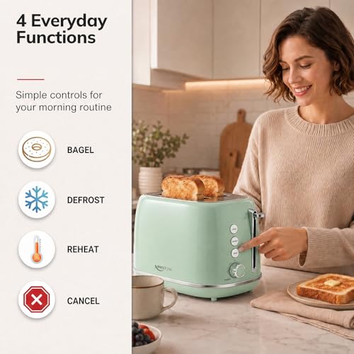 Image of 2 Slice Stainless Steel Toaster Retro with 6 Bread Shade Settings, Bagel, Cancel, Defrost Function, Extra Wide Slot, Removable Crumb Tray Green