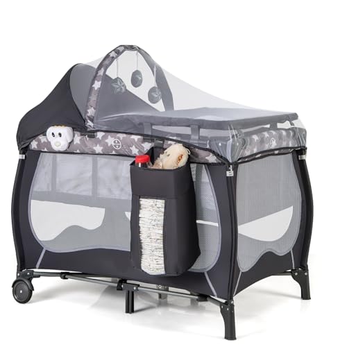 MAT EXPERT 4 in 1 Pack and Play, Portable Baby Playard with Bassinet, Changing Table, Lockable Wheels, Music Box, Foldable Travel Baby Crib Nursery Center from Newborn to Toddler (Gray)