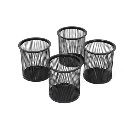 Image of Neomate Metal Mesh Pencil Holder | Round Pen Cups For Stationery Desk Organizer | 4 Pcs Set | Wire Makeup Brush Holders, Classroom & Office Supplies-4, Black