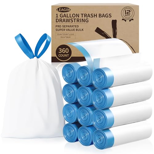 Small Trash Bags 1 Gallon 360 Count -1.2 Mil Drawstring Mini Garbage Bags White Plastic Trash Can Liners for Bathroom Accessories 4 Liter Bedroom Dorm Room Essentials Office
