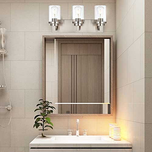 Image of MELUCEE 3-Light Vanity Lights Brushed Nickel with Clear Glass Shade, Modern Bathroom Light Fixtures Industrial Wall Light for Bedroom Kitchen Living Room