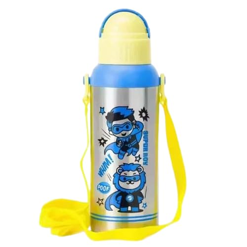 Kids Stainless Steel Water Bottle 475ml with Straw & Sling | Cartoon Printed Sipper Bottle for Boys & Girls (Yellow/Blue)