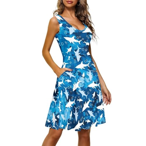 Image of Women Stylish Tank Dresses Sleeveless Round Neck Midi Casual Dress with Pocket for Summer