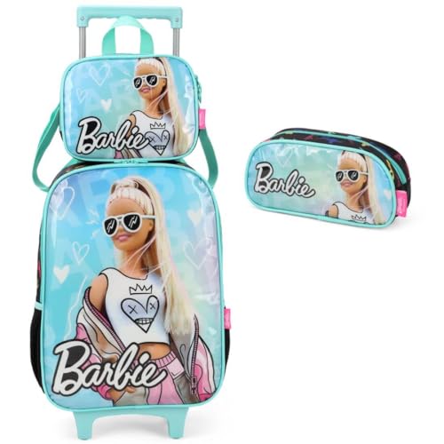 Mochila Infantil Rodinhas Barbie Com Lancheira e Estojo Verde