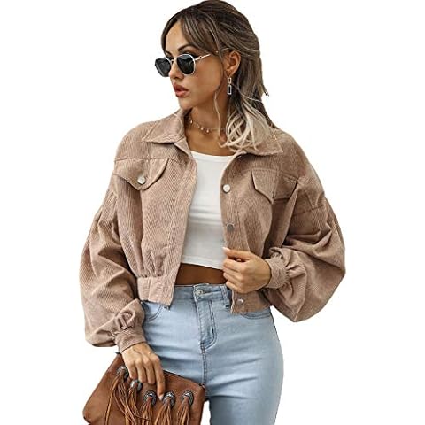 Qiaomai Womens Cropped Corduroy Jacket Loose Button Down Puff Sleeve Shacket Coat (Khaki-M) Cover