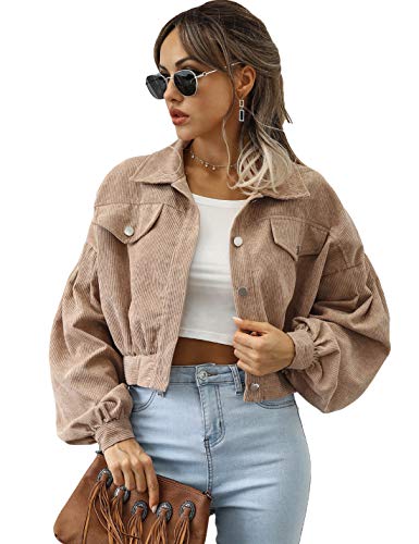 Qiaomai Womens Cropped Corduroy Jacket Loose Button Down Puff Sleeve Shacket Coat