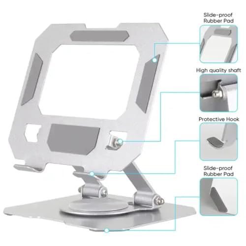 Image of Aluminium Tablet Stand Holder, 360 Rotating Base, Height & Angle Adjustable Metal Phone Stand, Foldable Desk Holder Compatible with All Tablets & Smartphones (Silver)