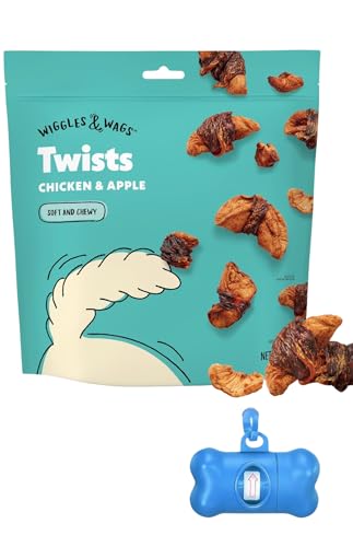 Wiggles & Wags Chicken & Apple Twists Dog Treats 16 oz with DN Essentials Bone Shaped Waste Bag Dispenser & Free Roll