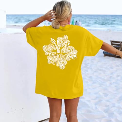 Image of Hawaiian T Shirts for Women Oversized Aesthetic Hibiscus Flower Beach Shirt Teens Preppy Tropical Graphic Tee Tops