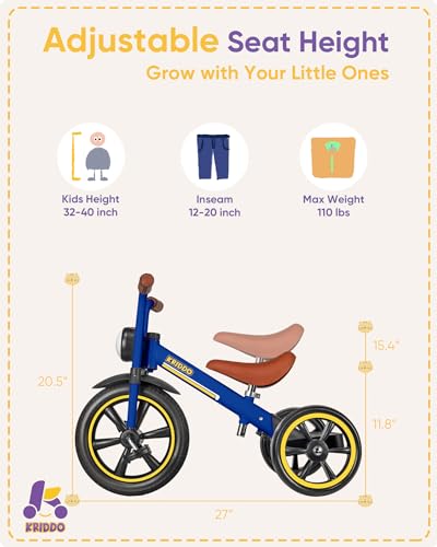 Image of KRIDDO Kids 12 Inch Tricycle With Puncture Free Wheels, Front Light, Adjustable Seat - Gift for 2-5 Year Olds, Blue