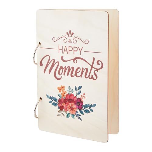 SUPERDANT Wooden Loose Leaf Binder Happy Moment Greeting Card Holder Postcard Organizer Book 2-Rings Cover Flowers Birthday Reminder Calendar Keeper File Folder Organizer Card Keepsake