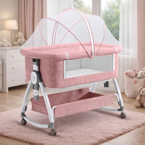 Image of Premium 6-in-1 Baby Bedside Cot, Crib, Cradle Portable All-Mesh Bassinet with Multi-Purpose Tray,Wheels, Storage Basket, and 6 Height Adjustments, for Newborns- Pink