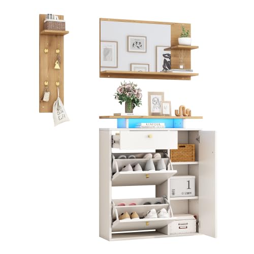 Set di 3 appendiabiti, con illuminazione a LED, specchi, cappelli e scarpiera, con 4 ganci, naturale/bianco, 105 x 25 x 151,5 cm, per corridoio, ingresso
