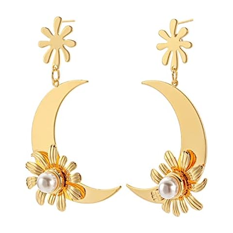 18K Gold Flower Moon Dangle Earring Jewelry for Women Girls Crescent Sunflower Drop Stud Earrings, Copper, No Gemstone Cover