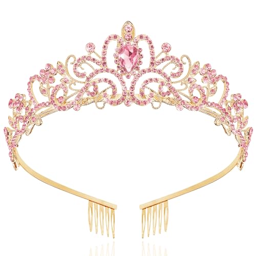 TAROSE Gold and Pink Crowns for Women Queen Crystal Tiaras with Pink Rhinestone and Combs Goddess Crown for Wedding Bride Birthday Princess Bridal Shower Hair Accessories for Women