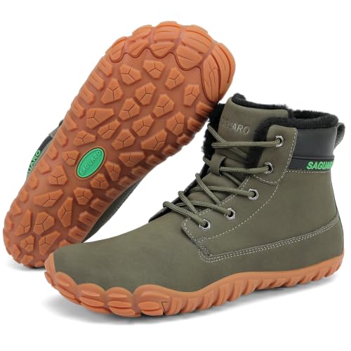 SAGUARO Winter Barfußschuhe Herren Warme Gefütterte Winterschuhe Wasserdicht Barfuß Winterstiefel Männer Leicht Rutschfest Barfussschuhe, Salbei Grün, 43 EU