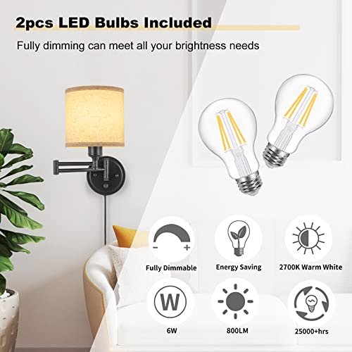 Encomli Dimmable Plug In Wall Sconces, Swing Arm Wall Lamp With Plug In Cord, Wall Sconces Set Of Two, Plug In Wall Light, Linen Fabric Shade, 2Pcs Bulbs Included #TOP2