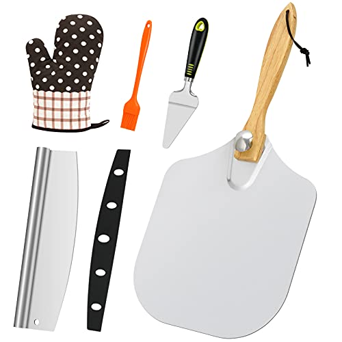 Reecola Pizza Peel & Pizza Cutter, 12''x14''Aluminum Metal Pizza Peel with Foldable Wooden Handle, Easy Storage Pizza Paddle with Pizza Spatula Silicone Brush Oven Mitt for Pizza Oven Homemade Baking