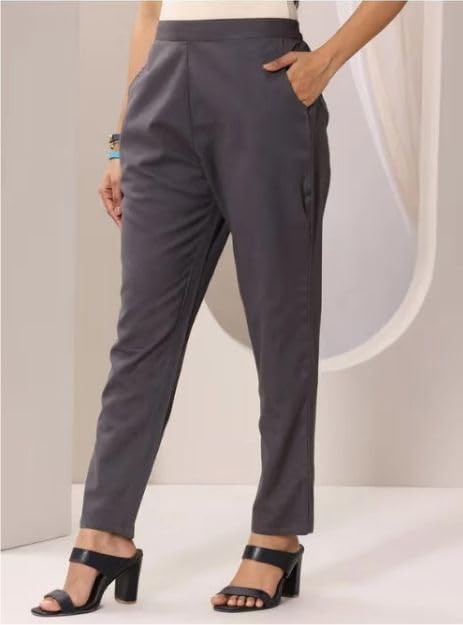 Image of D K W Women's Mid Rise Relaxed Fit Cotton Flex Trousers with Elastic Back & Drawstring - Ideal for Winter, Formal, Office & Casual Wear, Comfortable for Girls and Women