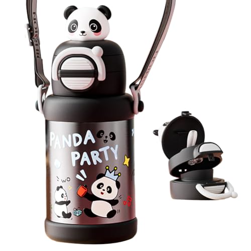 Panda Botella Agua, 500ML Botella Agua Acero Inoxidable Cantimplora Infantil Botellas Aguas Térmica con Pajita Cantimplora Prueba de Fugas Mantiene Frio Calor para Escuela Deportiva