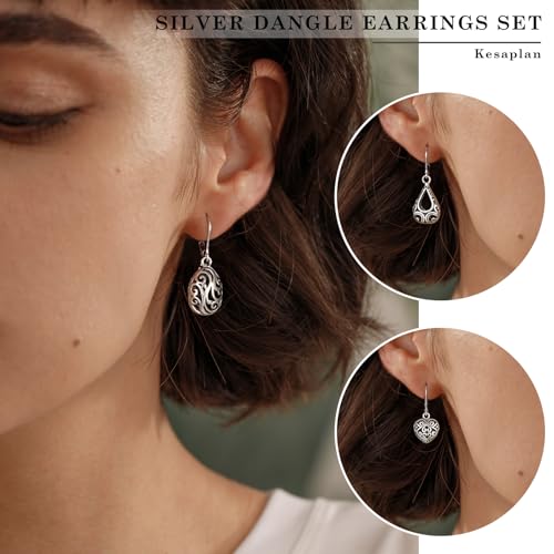 Silver Dangle Earrings for Women Silver Earrings Set, Boho Drop Earrings for Women, Hypoallergenic Trendy Earring Sets, Lightweight Dangling Teardrop Leverback Earrings Western Jewelry Gift for Women's ﻿3