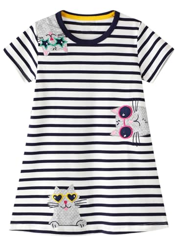 FreeLu Toddler Girls Cartoon Dress Cotton Longsleeve Casual Tulle Party Dresses(4T,Striped kittenr)