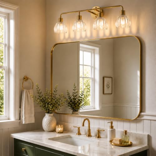 Image of 4-Light Gold Brass Bathroom Light Fixture with Clear Tulip Glass Shade,Wall Sconces,Vintage Vanlity Light Over Mirror,Bathroom Wall Light,E26 Socket(Bulbs Not Included) ASIN B0FVG