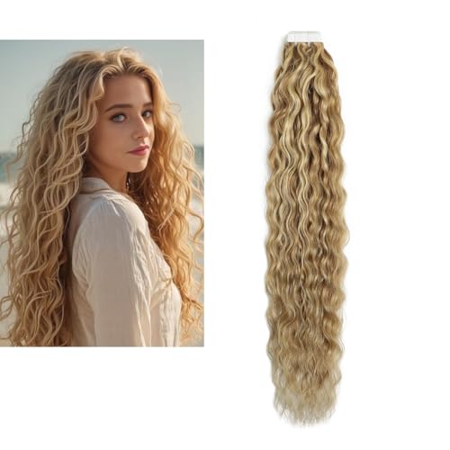 Larafona Extensiones adhesivas de pelo humano rizado suelto, rubio, color marrón, ondulado natural, pelo Remy con banda P8/613# 20 unidades, 50 g 30 cm