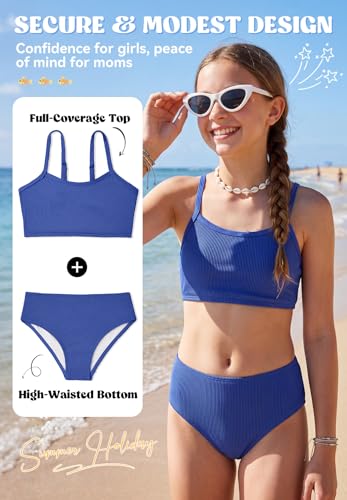 Image of Zando 2 Piece Ribbed Swimsuits for Teen Girls Kids Size 6-15 Years High Waisted Solid Cute Bikini for Summer Beach Wear