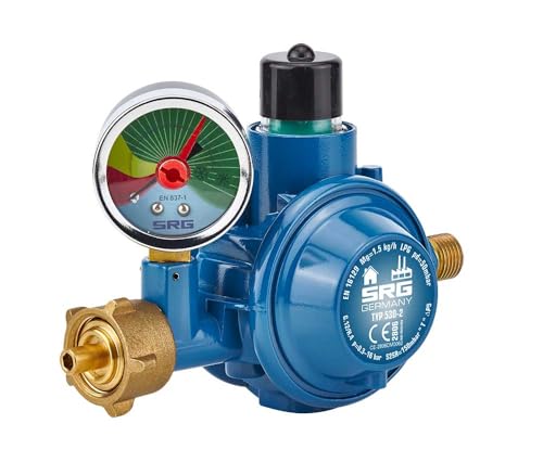 Rotarex 2-stufiger Niederdruckregler 50 mbar inkl. Gasflaschenschlüssel für LPG-Grill und Heizung mit Manometer zur Restgasanzeige und Leckagekontrolle