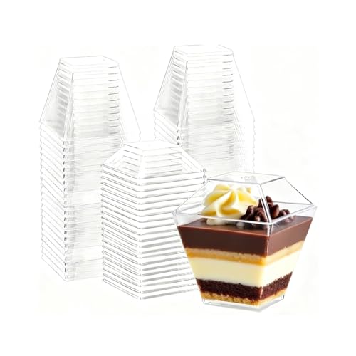 Fhintory Dessertgläser Plastik 60ml, 50 Stück Dessertbecher Plastik Wiederverwendbar, Dessertschalen Eckig mit Deckel und Löffeln, Desert Becher für DIY Desserts Pudding Mousse Eis