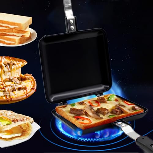 Doppelseitiger Bratpfanne - 19cm*15cm*14cm, Quadratische Sandwichmaker mit 19cm Hitzebeständigem Griff Und Antihaftbeschichtung, Aluminium Einfacher Rollover Panini-Maker für Haus, Küche, Frühstück