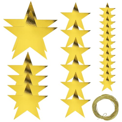 24 Stück Glitzer hängende Sterne Stern Form Karton Papier Ausschnitte Große Wand Stern Konfetti Goldene Pinnwand Sterne Film Nacht Party Dekoration mit 100 m goldenem Nylonseil