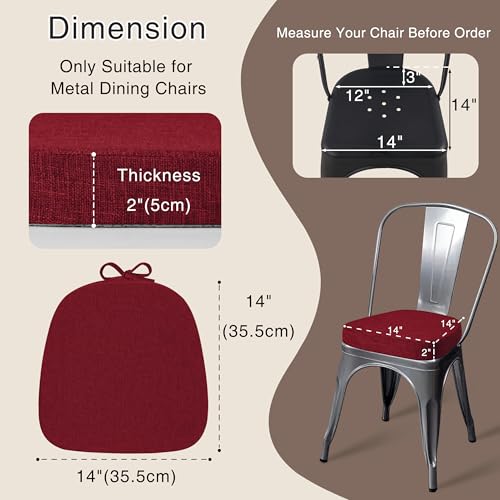 Image of OVOV 14x14 Chair Cushions for Metal Dining Chairs Set of 4 Red | Non Slip, Washable Removable Cover with Ties, Textured, for Dining Room, Kitchen Cafes Bistro Patio, Stackable Chairs