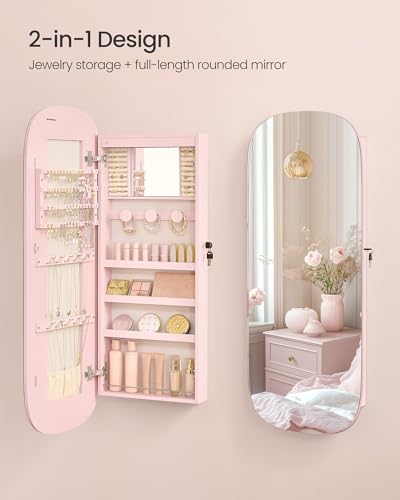 Image of SONGMICS Jewelry Organizer, LED Jewelry Cabinet Wall /Door Mounted, Lockable Rounded Wide Mirror with Storage, Interior Mirror, 3.9 x 16.5 x 42.5 Inches, Jelly Pink Surface with Cream White Lining