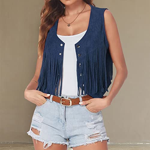 Womens Vintage Western Fringe Vest Tops Classic 70s Cowboy Solid Mini Shirt Sleeveless Tassels Short Cardigan Jackets2