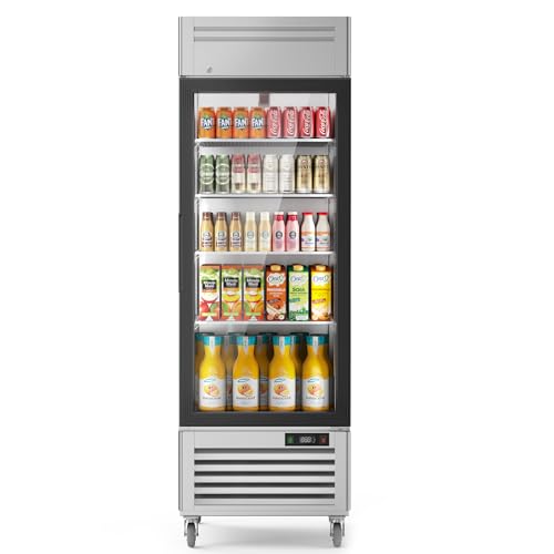 Image of Coolake 27 inch W Glass Door Commercial Display Refrigerator, 23 Cu.Ft Stainless Steel Merchandiser Refrigerator, Reach-In Merchandiser Fridge with Led Lighting for Restaurant Retail Shop Stores