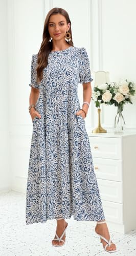 Image of Women's Maxi Dress Casual Loose Fit Tiered A-Line Flowy Summer Dress with Pockets