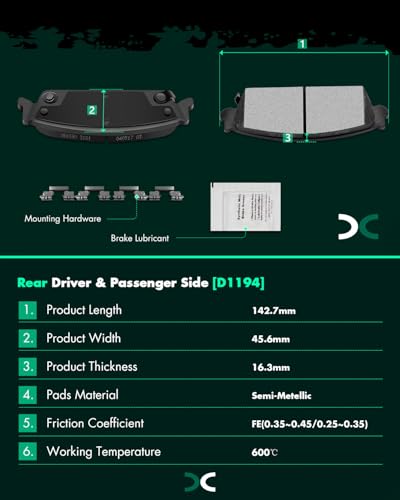 Image of SCITOO D1363 D1194 Front and Rear Semi-Metal Disc Brake Pad Set 8PCS | Fit For Cadillac For Escalade,For Chevrolet For Avalanche,For Silverado 1500,For GMC For Sierra 1500,For Yukon; w /Hardware