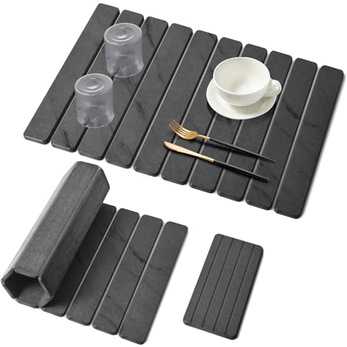 Large Stone Dish Drying Mat for Kitchen Counter, Quick Dry Dish Drying Mats, Foldable Absorbent Diatomaceous Earth Mats for Plate Rack Bottles Cups, Match Any Countertop (Gray Marble 24"×16" & 8"x4")