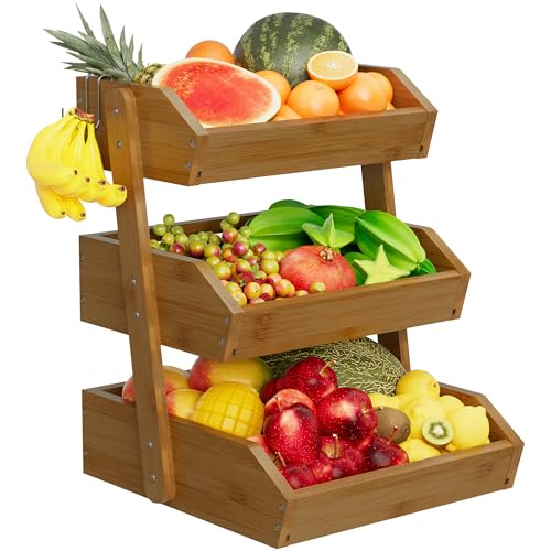 3 Tier Fruit Basket For Counter, Large Capacity Fruit Storage Countertop, Fruit Holder, Wooden Pantry Organizers and Storage, Kitchen Countertop Organizer With Two Banana Hangers (Walnut)