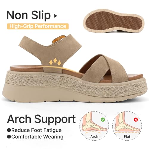 Image of UBFEN Womens Espadrille Platform Sandals Low Wedge Heel - Orthopedic Arch Support, Cushion Insole, Comfortable Dressy Buckle Sandals for Walking and Vacation